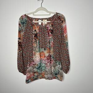 Fig and Flower Blouse Peasant Womens Large Floral Boho 3/4 Sleeve Keyhole LIZ319